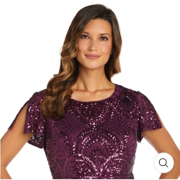 NWT R & M‎ Richards Plum Midi Length Mesh Sequin Dress w/ Godet Insets Size 12 - Picture 3 of 4
